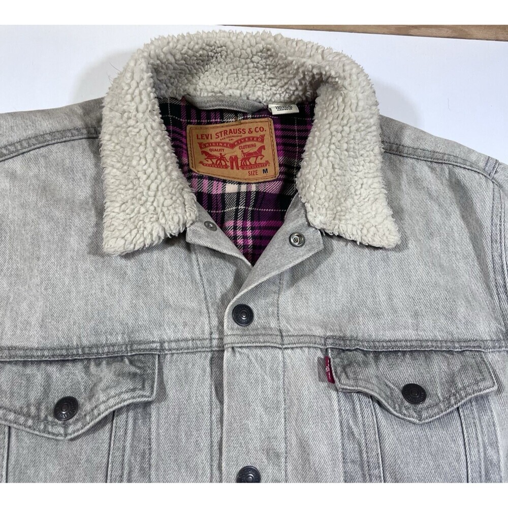Levi's Flannel Lined Washed Gray Denim Trucker Jacket Sherpa Collar Women's Med - Picture 5 of 13